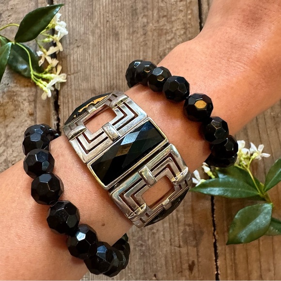 Vintage 🖤 Black & Silver Tone Square Stretch Bracelet Faux Onyx Chunky Art Deco - Picture 8 of 8